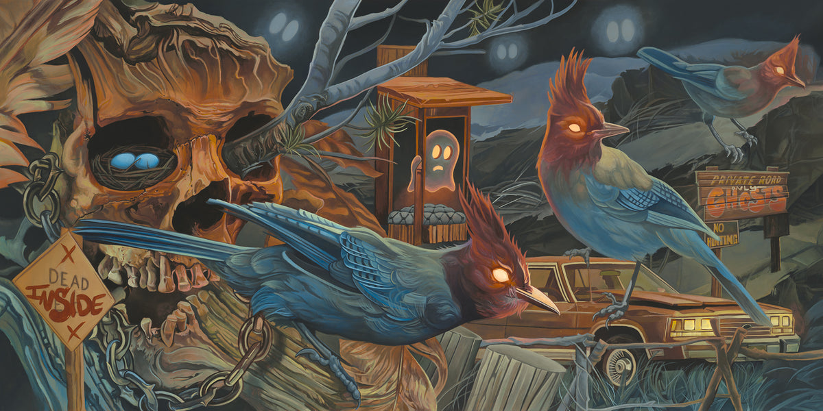 A dark, surreal illustrated scene featuring large blue birds with glowing red eyes perched around a skull, a haunted house with ghost inside, an old car, and spooky signs in a night setting.